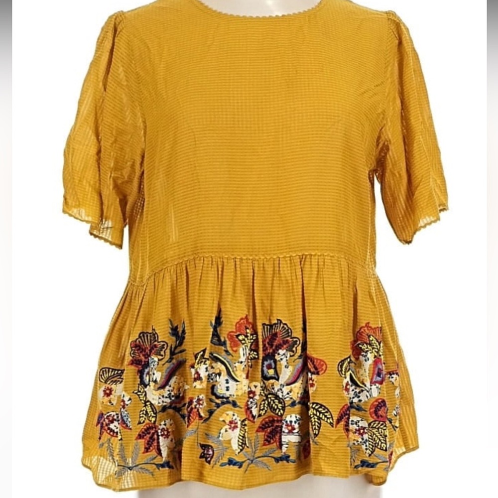 🍁🍂 gorgeous Anthropologie Bhanuni by Jyoti Mustard Floral Embroidered Blouse